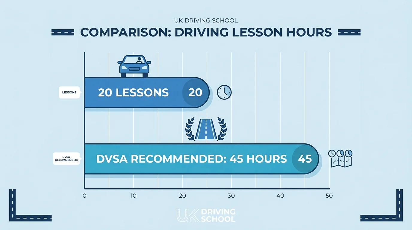 Is 20 lessons enough to pass? Bar chart comparing 20 driving lessons to DVSA recommended 45 hours of instruction