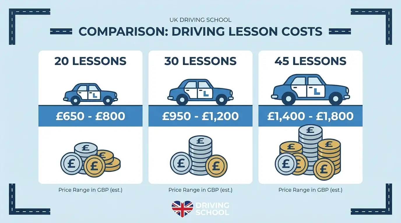 Is 20 lessons enough to pass? Cost comparison chart showing prices for 20, 30, and 45 UK driving lessons