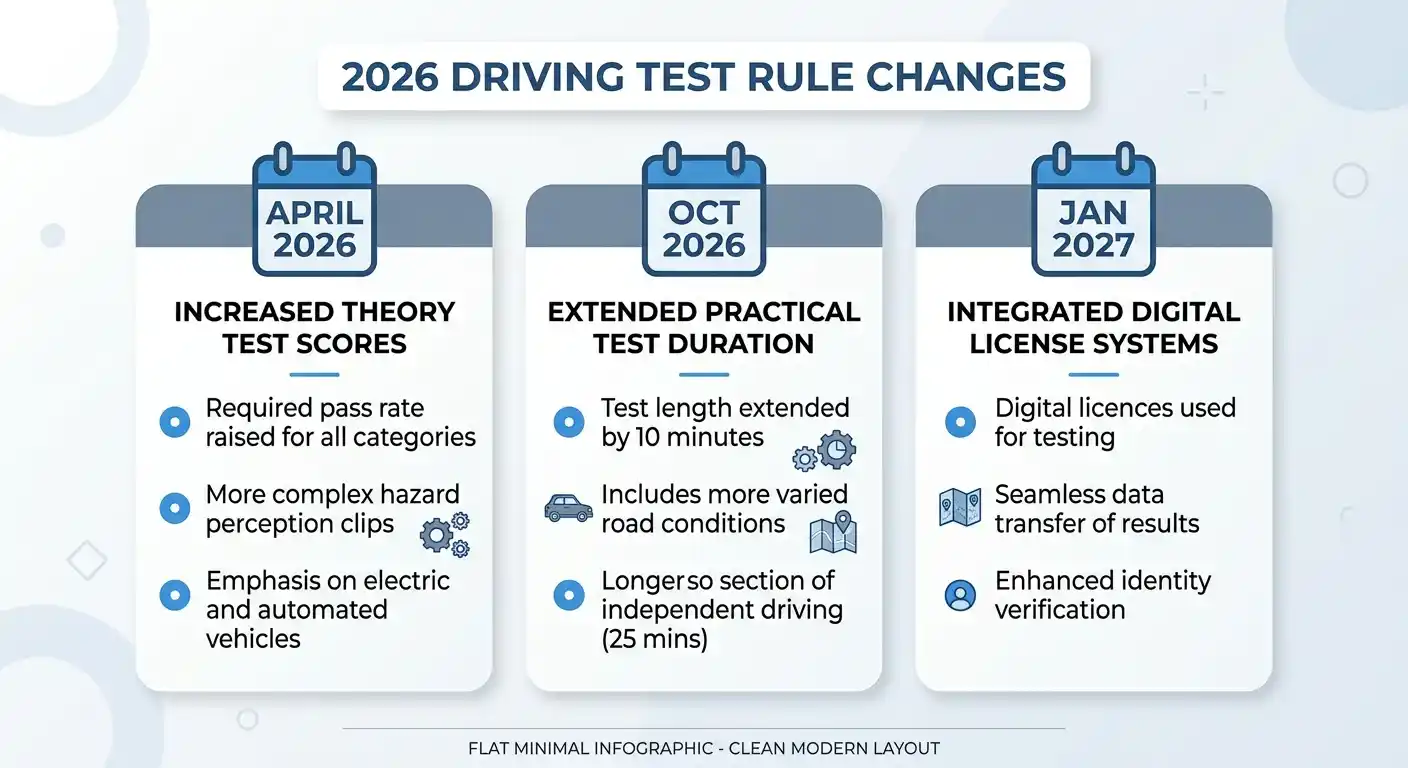 Infographic on 2026 driving test rule changes covering theory scores, practical test format, and licence systems