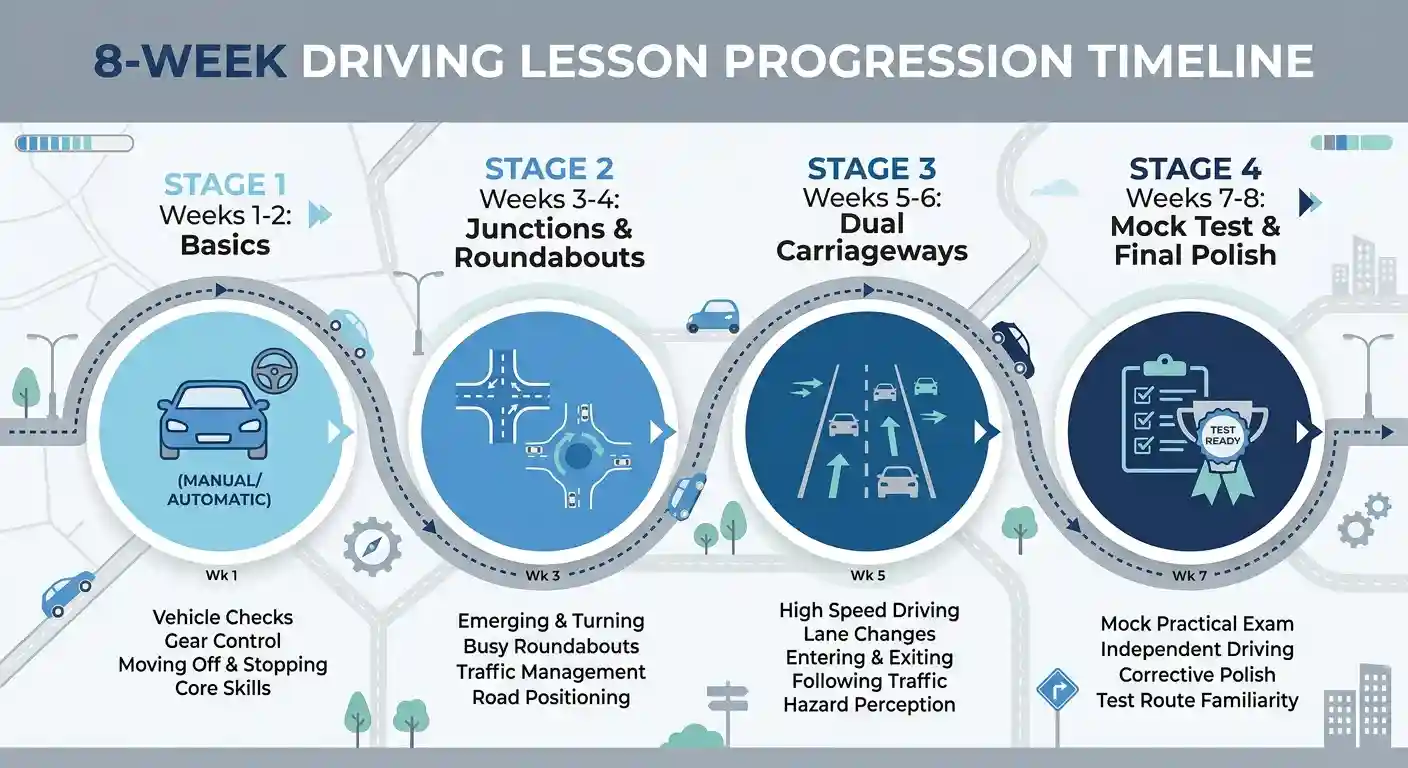 8-week driving lesson progression timeline showing basics, junctions and roundabouts, dual carriageways, and mock test stages for learner drivers