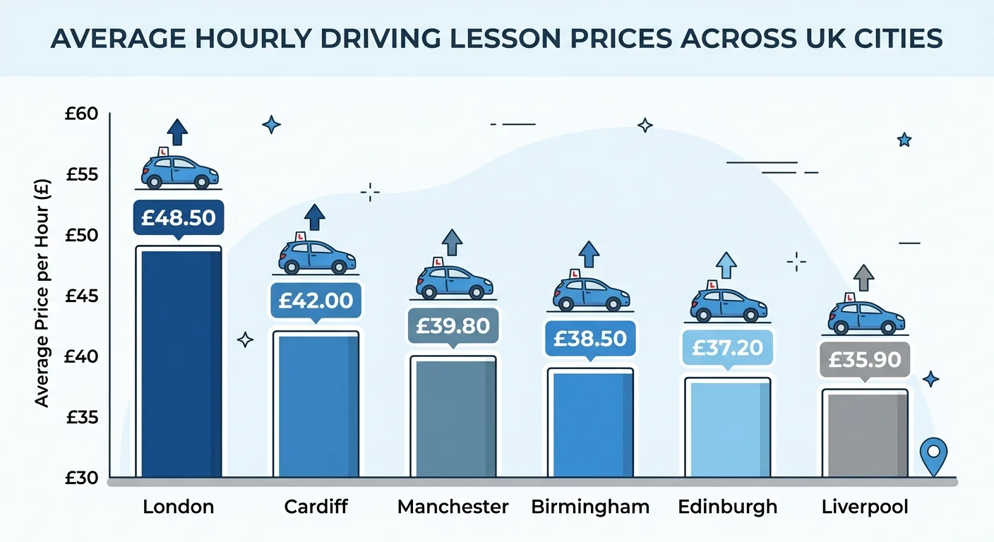 Bar chart showing average hourly driving lesson prices across UK cities including London, Cardiff, Manchester, Birmingham, Edinburgh, and Liverpool