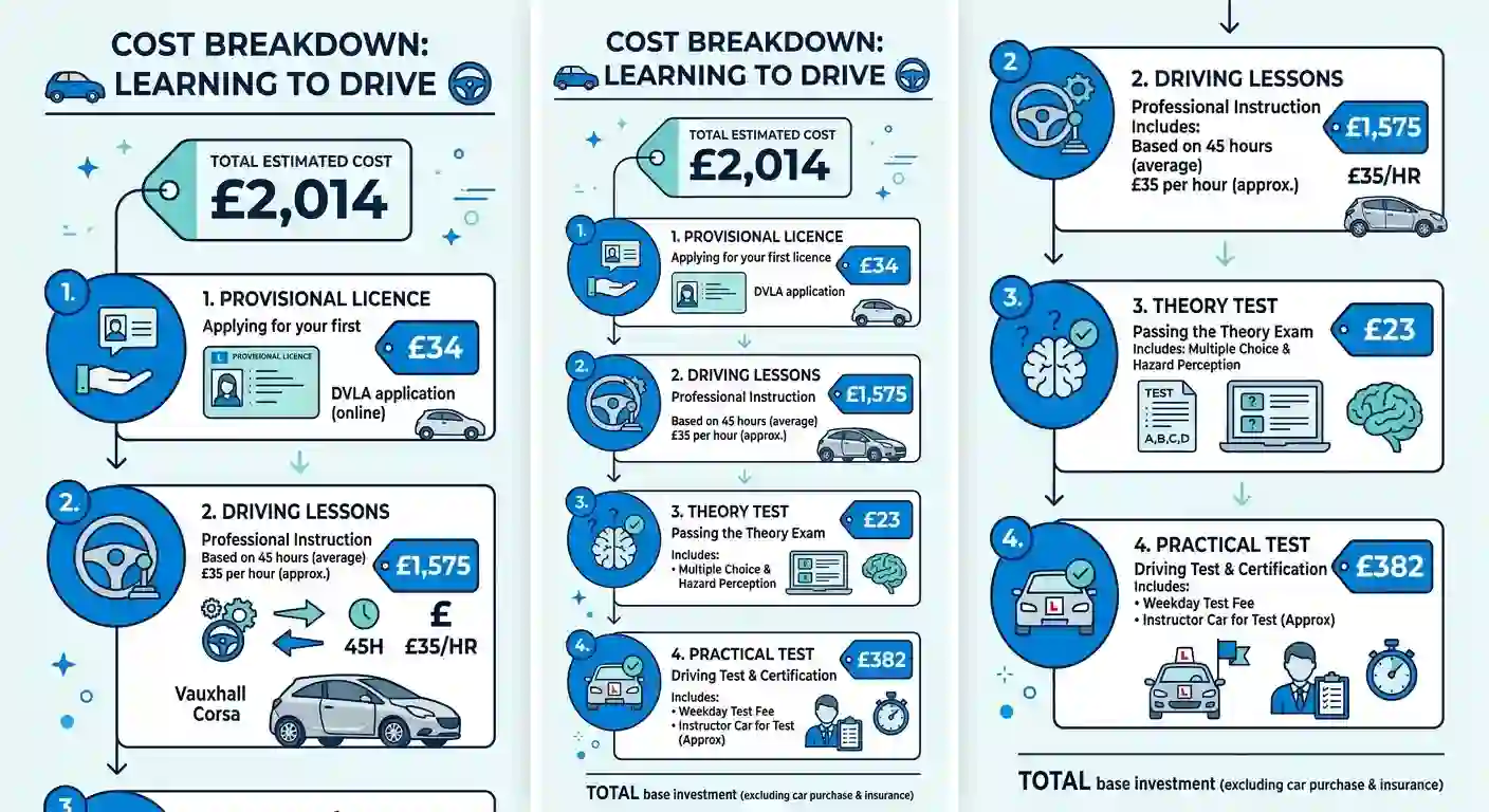 Infographic showing cost breakdown for learning to drive including provisional licence, driving lessons, theory test, and practical test fees UK 2026