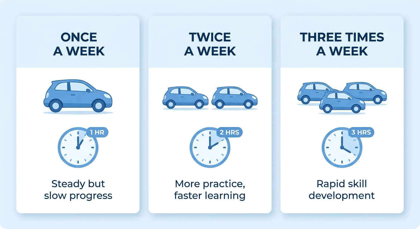 Infographic comparing once a week, twice a week, and three times a week driving lessons, showing hours per session and progress speed for beginner drivers