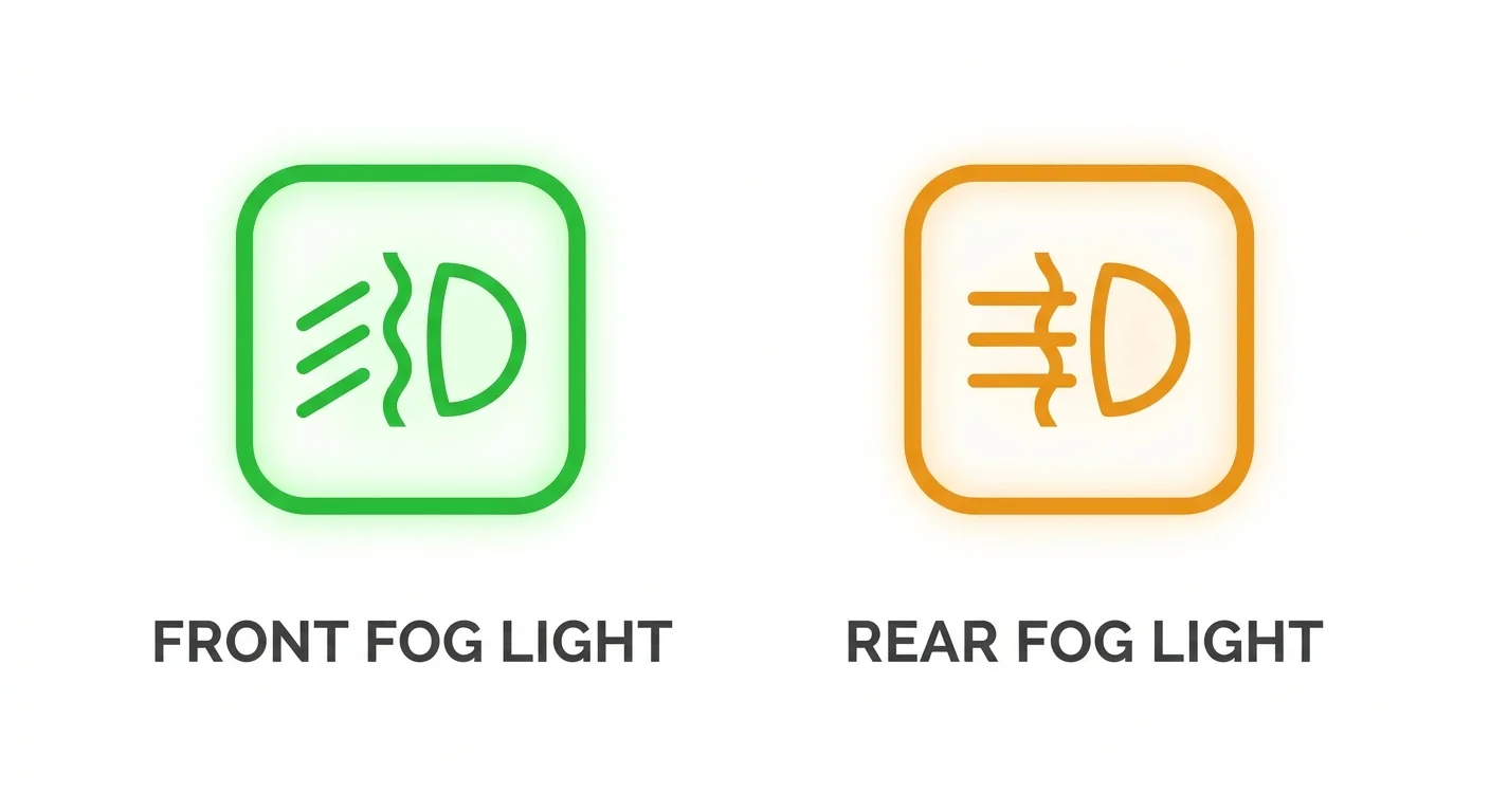 Front fog light symbol in green and rear fog light symbol in orange, showing dashboard icons used when driving in fog.
