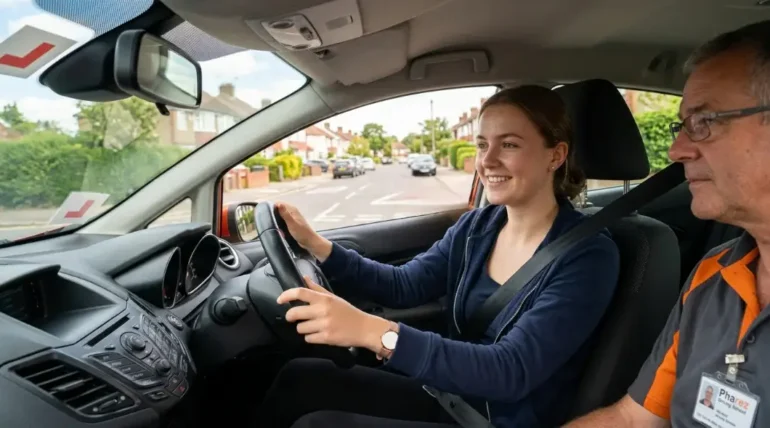 Learner driver practicing with a driving instructor, a common first step in figuring out how many driving lessons you need per week to build real confidence