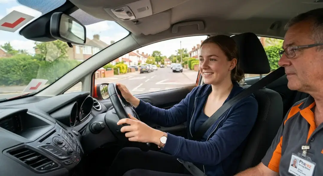 Learner driver practicing with a driving instructor, a common first step in figuring out how many driving lessons you need per week to build real confidence