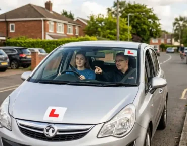 How much does it cost to learn to drive — learner driver with L plates practising with driving instructor in London