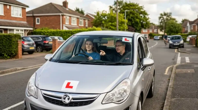 How much does it cost to learn to drive — learner driver with L plates practising with driving instructor in London