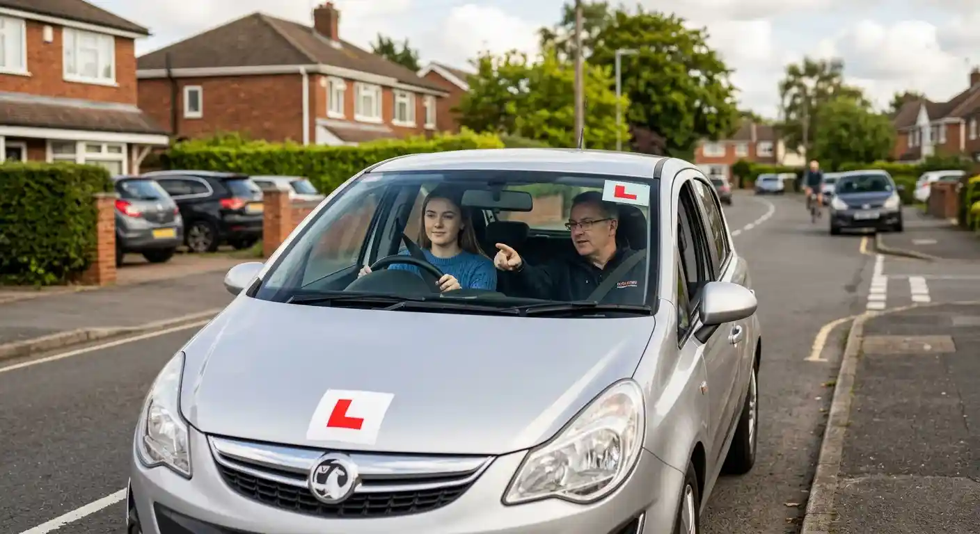 How much does it cost to learn to drive — learner driver with L plates practising with driving instructor in London