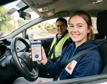 Learner driver holding phone showing DVSA booking confirmation after learning how to book a driving test, with instructor in car