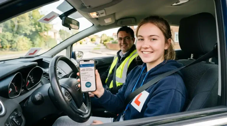 Learner driver holding phone showing DVSA booking confirmation after learning how to book a driving test, with instructor in car