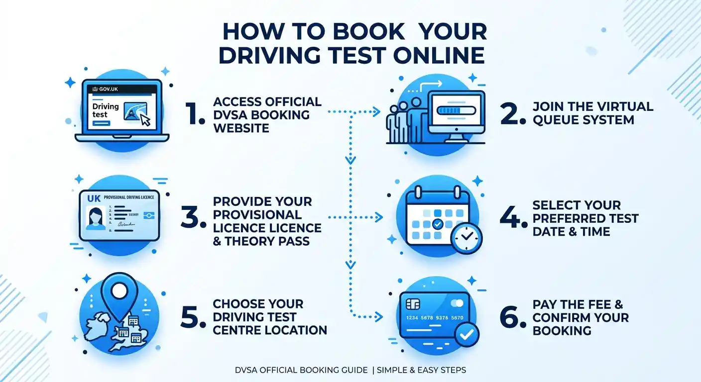 Infographic on how to book a driving test online in 6 steps, from DVSA website to payment confirmation