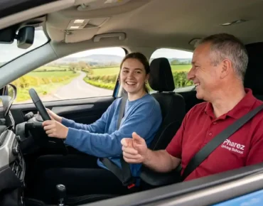 How to claim 40 hours free driving lessons with a Pharez Driving School instructor teaching a learner driver on a UK countryside road
