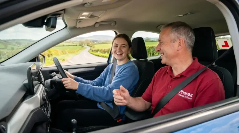 How to claim 40 hours free driving lessons with a Pharez Driving School instructor teaching a learner driver on a UK countryside road
