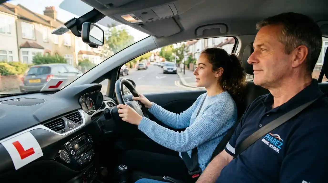 Is 20 lessons enough to pass? Learner driver practising with a Pharez Driving School instructor in a dual-control car with L plates