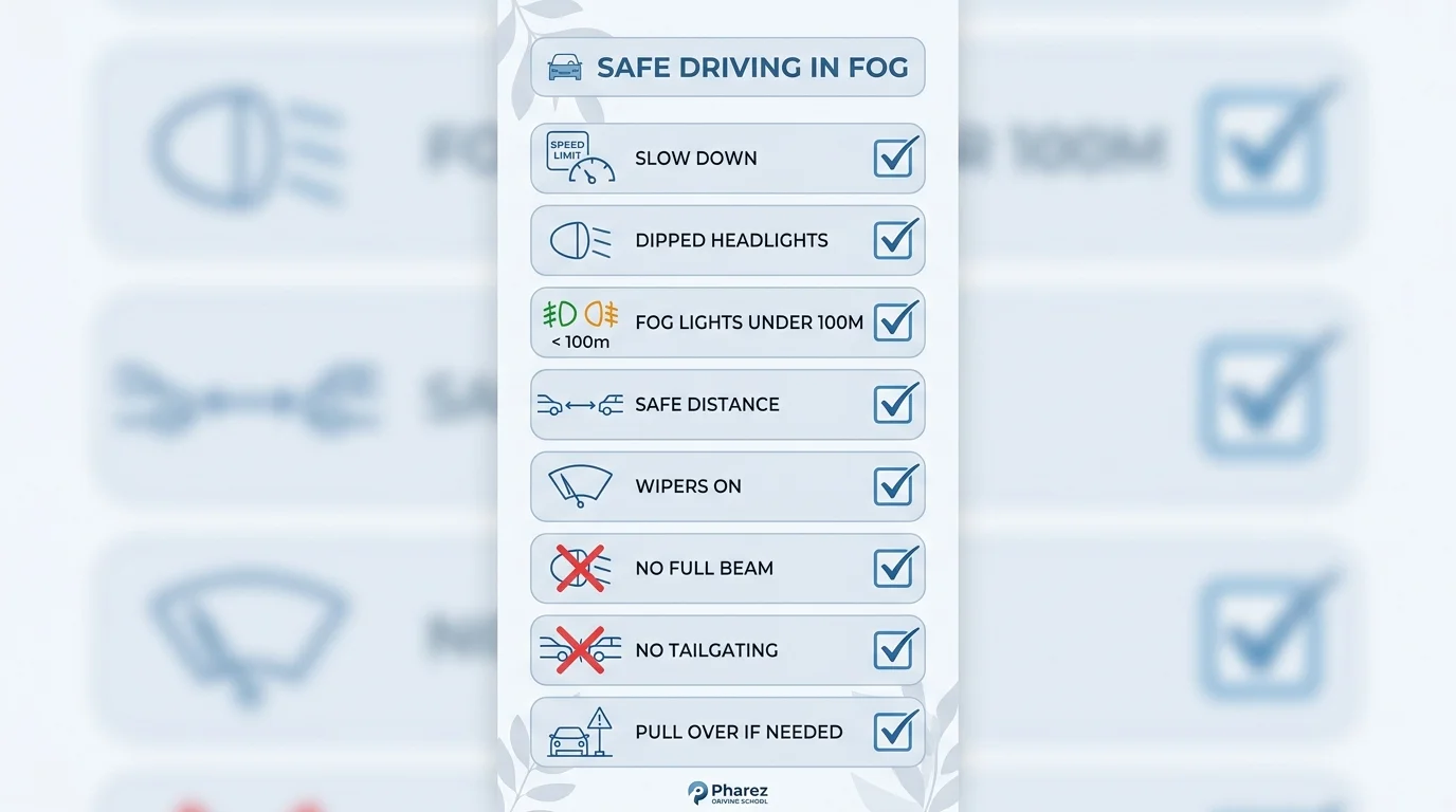 Safe driving in fog checklist showing when driving into fog you should slow down, dip headlights, use fog lights under 100m, and keep a safe distance.