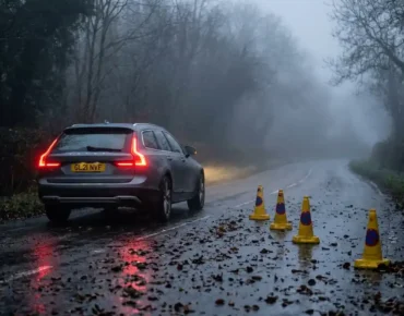 When driving into fog you should slow down and use dipped headlights, shown by a car with rear fog lights on along a misty UK country road.