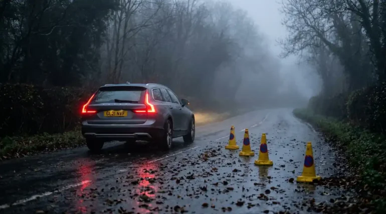 When driving into fog you should slow down and use dipped headlights, shown by a car with rear fog lights on along a misty UK country road.