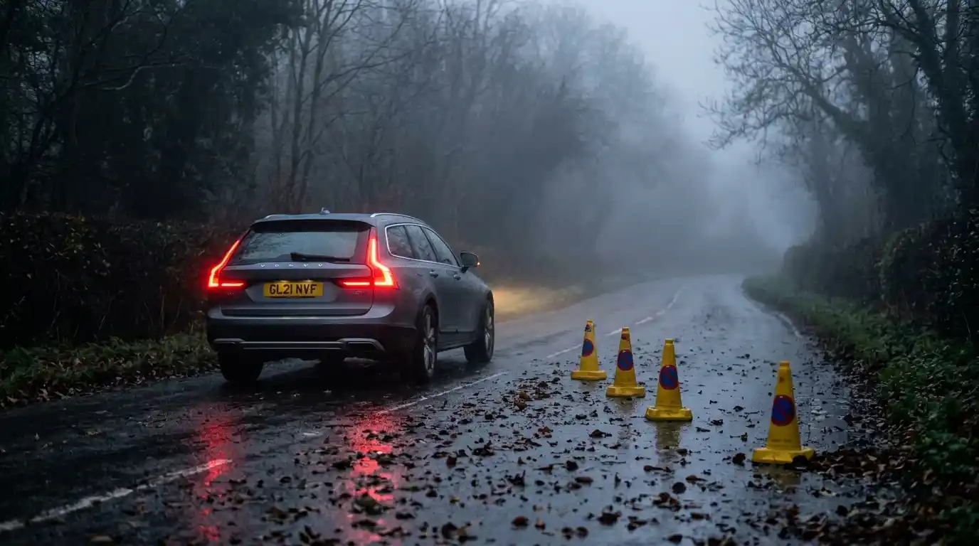 When driving into fog you should slow down and use dipped headlights, shown by a car with rear fog lights on along a misty UK country road.