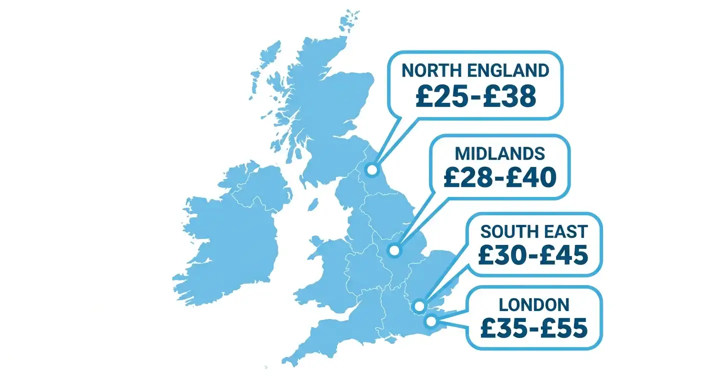 Map showing how much are driving lessons across UK regions in 2026 — London £35-£55, South East £30-£45, Midlands £28-£40, North England £25-£38