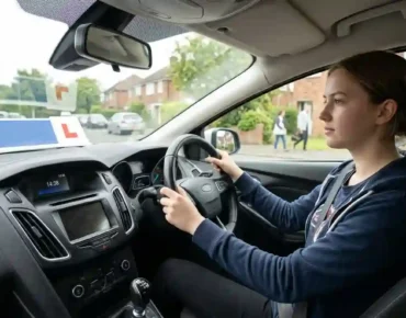 Learner driver holding the steering wheel during a driving lesson, with L plate visible, illustrating how long are driving test appointments typically take in the UK
