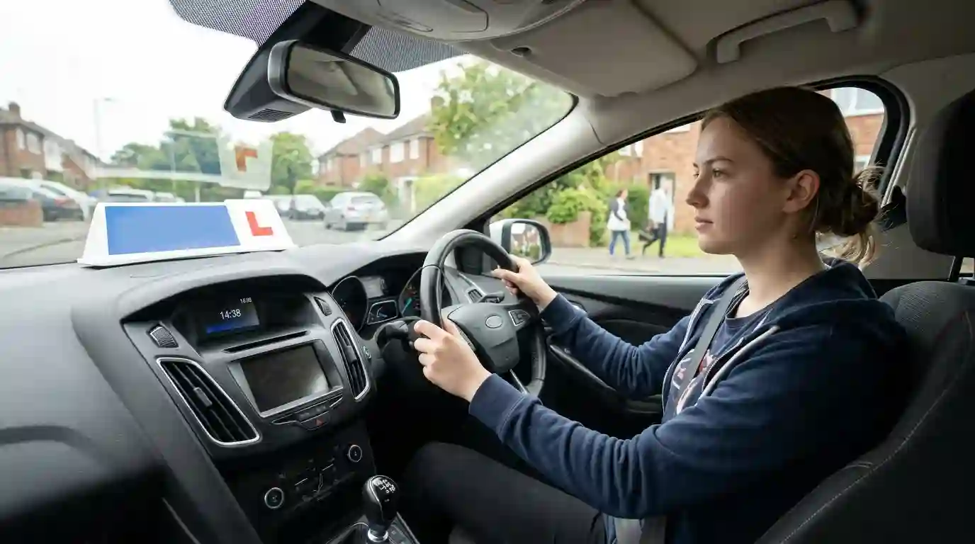 Learner driver holding the steering wheel during a driving lesson, with L plate visible, illustrating how long are driving test appointments typically take in the UK