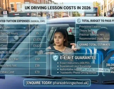 How much are driving lessons in the UK in 2026 — infographic showing hourly rates, total cost, and a learner driver with a Pharez instructor