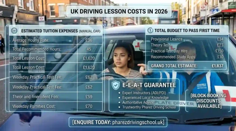 How much are driving lessons in the UK in 2026 — infographic showing hourly rates, total cost, and a learner driver with a Pharez instructor