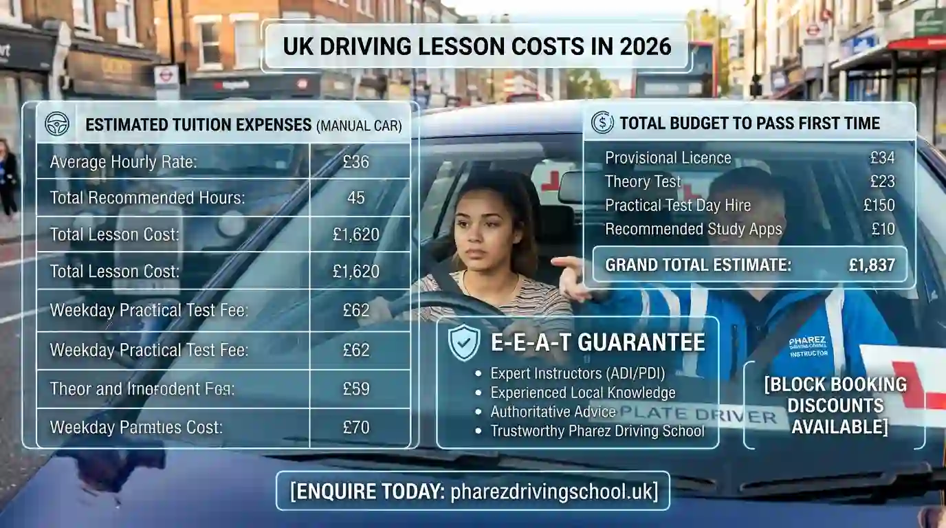How much are driving lessons in the UK in 2026 — infographic showing hourly rates, total cost, and a learner driver with a Pharez instructor