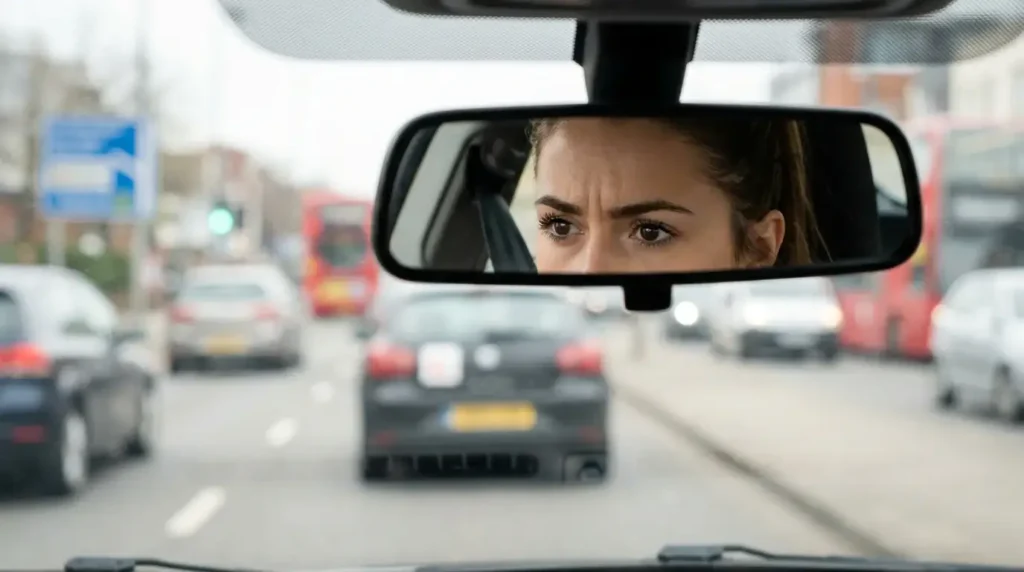 Focused learner driver checking rearview mirror in London traffic, showing hazard perception and observation skills