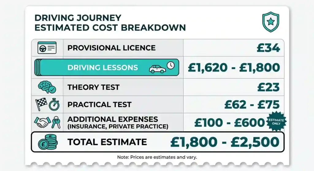 Receipt-style breakdown showing how much are driving lessons and total learning to drive cost — provisional licence £34, lessons £1,620-£1,800, theory test £23, practical test £62-£75, total £1,800-£2,500