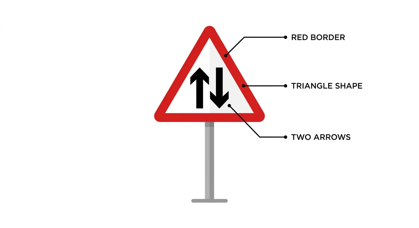 Two-way traffic sign UK infographic showing red border, triangle shape, and two arrows labelled