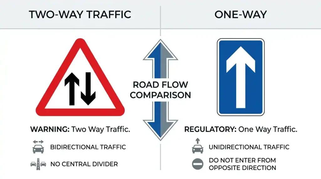 Two way traffic sign vs one way sign comparison showing UK road warning and regulatory signs