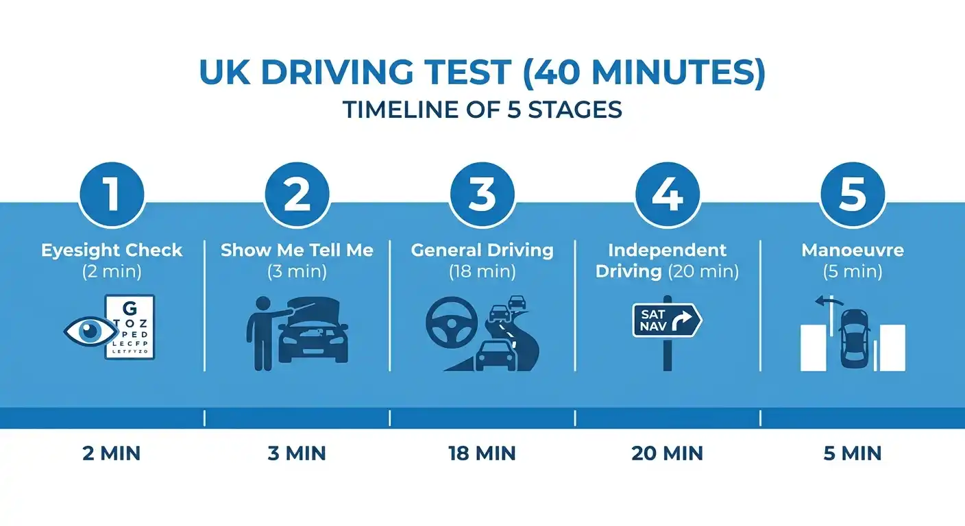 A stage-by-stage timeline of the 40-minute UK practical driving test, from the eyesight check to the final manoeuvre.