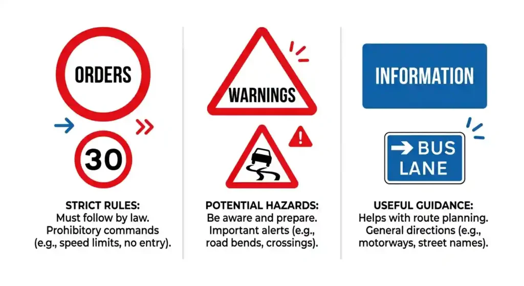 Infographic showing what shape are traffic signs giving orders, comparing circular orders signs, triangular warning signs, and rectangular information signs on UK roads
