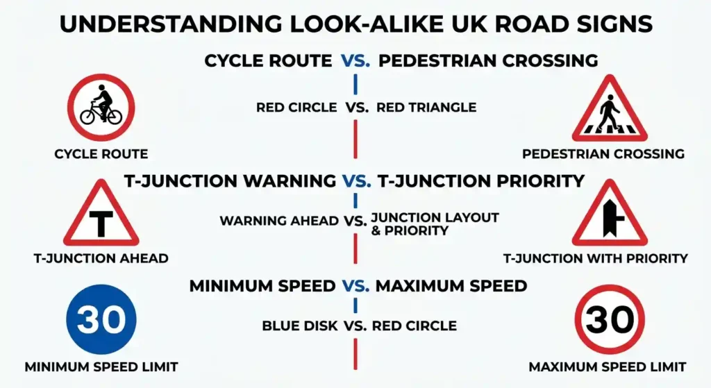 Infographic comparing look-alike UK road signs for the driving theory test: cycle route vs pedestrian crossing, T-junction warning vs T-junction priority, and minimum vs maximum speed limit signs