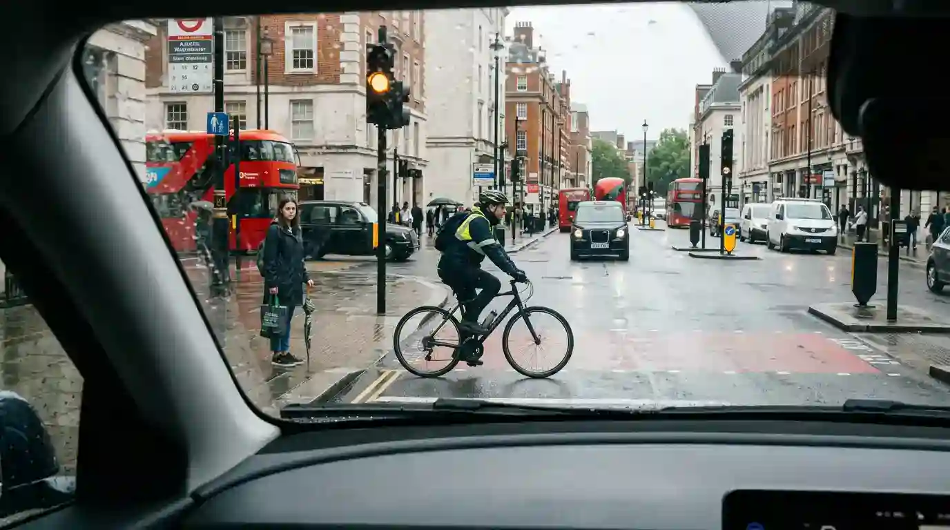 Learner driver approaching a cyclist and pedestrian at a rainy London crossing, illustrating hazard perception and driver awareness