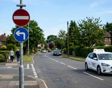 Red circular no entry sign and blue circular mandatory turn left sign on a UK residential road, showing what shape are traffic signs giving orders, with a learner driver car passing by