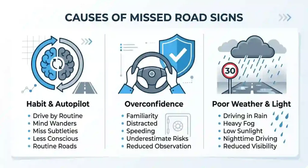 Infographic showing why UK drivers ignore traffic signs: habit and autopilot driving, overconfidence and distraction, and poor weather or low light conditions