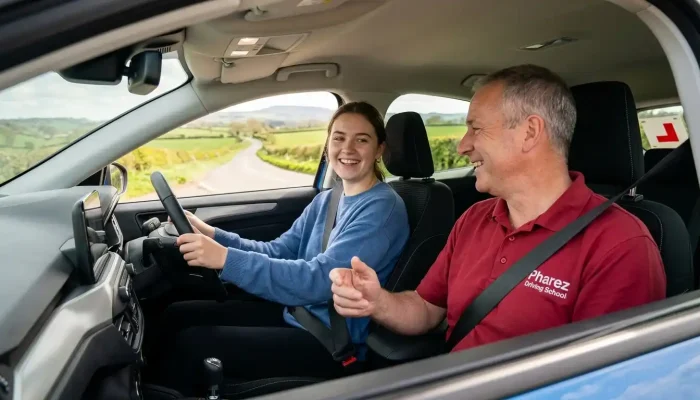 How to claim 40 hours free driving lessons with a Pharez Driving School instructor teaching a learner driver on a UK countryside road